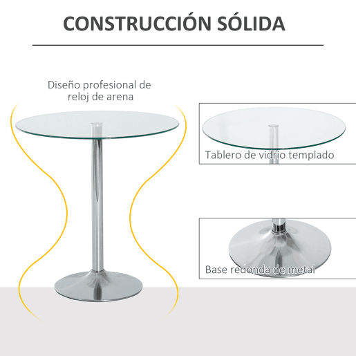 Mesa de jantar redonda para 2 pessoas, mesa de cozinha moderna com tampo de vidro temperado para sala de estar, prateada