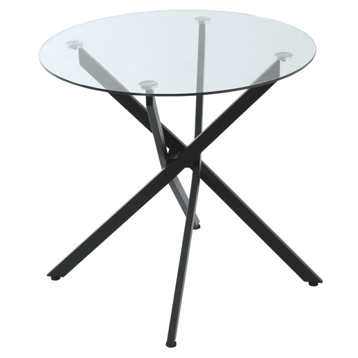 Mesa de jantar redonda com tampo de vidro temperado transparente e pés de metal cruzados, mesa de centro moderna para sala de estar, Ø80x75 cm, preta Mesa de jantar redonda com tampo de vidro temperado transparente e pés de metal cruzados, mesa de centro moderna para sala de estar, Ø80x75 cm, preta