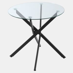 Mesa de jantar redonda com tampo de vidro temperado transparente e pés de metal cruzados, mesa de centro moderna para sala de estar, Ø80x75 cm, preta
