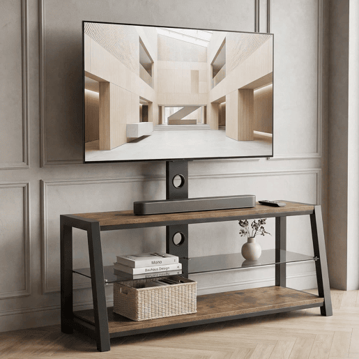 Móvel para TV 125 x 116 x 42 cm - Suporte para TV ajustável, vidro preto, giratório, montagem na parede - Castanho