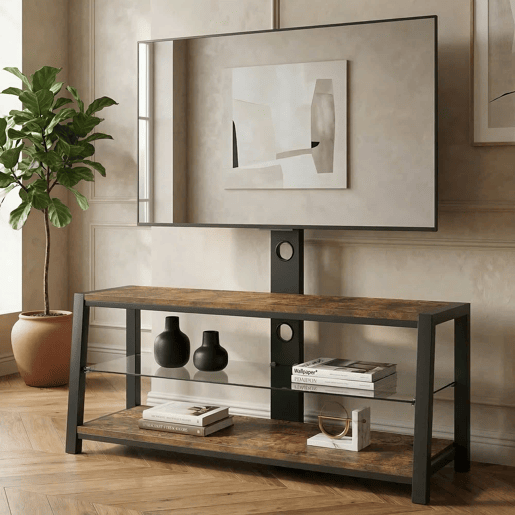Móvel para TV 125 x 116 x 42 cm - Suporte para TV ajustável, vidro preto, giratório, montagem na parede - Castanho