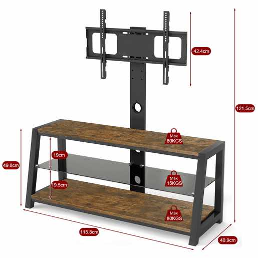 Móvel para TV 125 x 116 x 42 cm - Suporte para TV ajustável, vidro preto, giratório, montagem na parede - Castanho