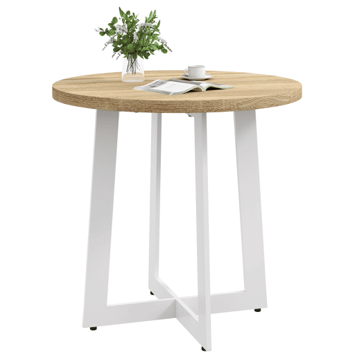 Mesa de jantar redonda para 4 pessoas, mesa de cozinha com tampo de madeira e base de aço cruzada Ø80x75 cm Carvalho