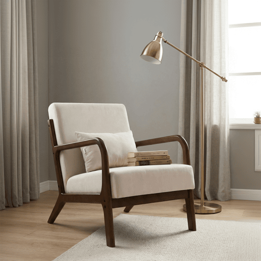 Poltrona de sala estilo moderno com estrutura de madeira maciça, assento amplo acolchoado e suporte lombar flexível. Dimensões 75.5 x 64 x 74 cm. Ideal para sala, quarto ou escritório.