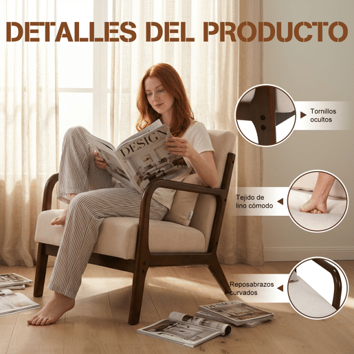 Poltrona de sala estilo moderno com estrutura de madeira maciça, assento amplo acolchoado e suporte lombar flexível. Dimensões 75.5 x 64 x 74 cm. Ideal para sala, quarto ou escritório.
