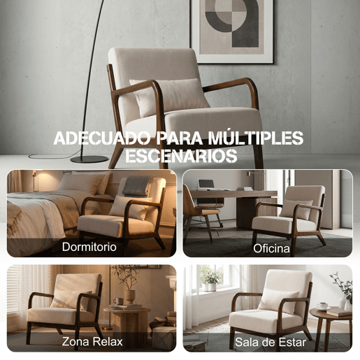 Poltrona de sala estilo moderno com estrutura de madeira maciça, assento amplo acolchoado e suporte lombar flexível. Dimensões 75.5 x 64 x 74 cm. Ideal para sala, quarto ou escritório.