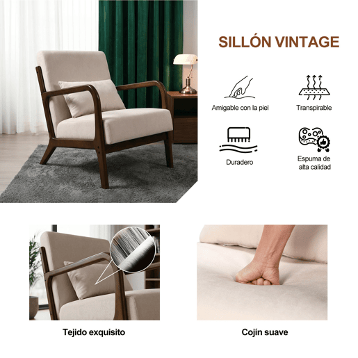 Poltrona de sala estilo moderno com estrutura de madeira maciça, assento amplo acolchoado e suporte lombar flexível. Dimensões 75.5 x 64 x 74 cm. Ideal para sala, quarto ou escritório.
