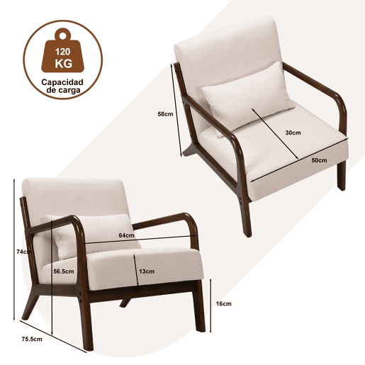 Poltrona de sala estilo moderno com estrutura de madeira maciça, assento amplo acolchoado e suporte lombar flexível. Dimensões 75.5 x 64 x 74 cm. Ideal para sala, quarto ou escritório.