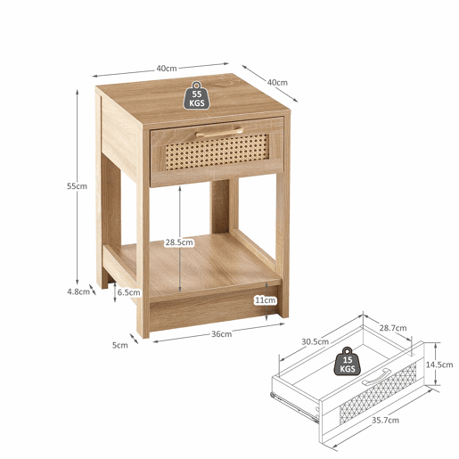 Mesa auxiliar 55x40x40 cm - Rattan com gaveta, moderna, para sala de estar e quarto - Natural