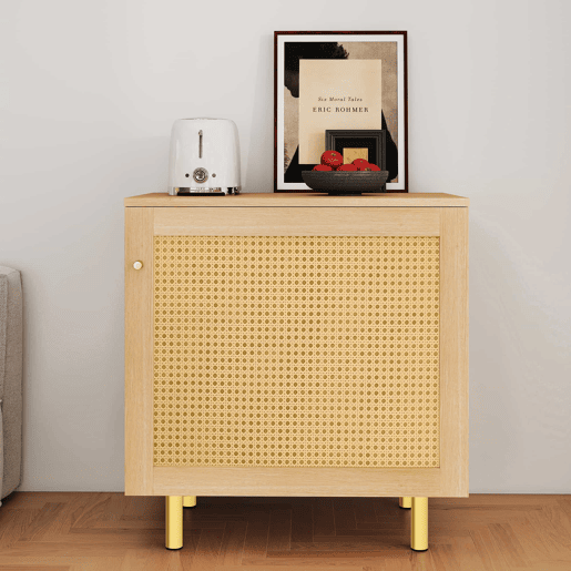 Aparador 63 x 60 x 40 cm - em rattan, 1 porta, móvel de arrumação rústico para sala de jantar - natural