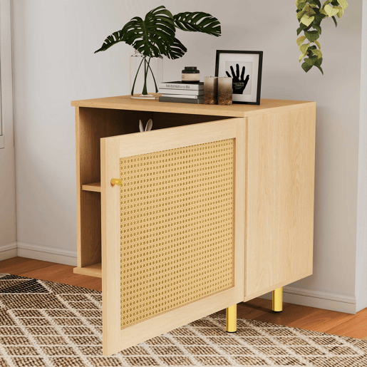 Aparador 63 x 60 x 40 cm - em rattan, 1 porta, móvel de arrumação rústico para sala de jantar - natural