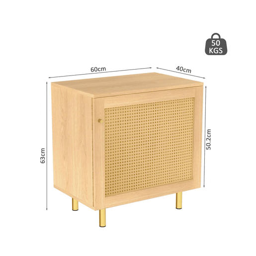 Aparador 63 x 60 x 40 cm - em rattan, 1 porta, móvel de arrumação rústico para sala de jantar - natural