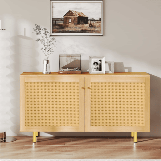 Aparador 63 x 120 x 40 cm - móvel de arrumação em rattan com 2 portas, estilo rústico para sala de jantar - natural Aparador 63 x 120 x 40 cm - móvel de arrumação em rattan com 2 portas, estilo rústico para sala de jantar - natural