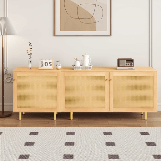 Aparador modular 63 x 180 x 40 cm - Armário de três portas, compartimento para talheres, estilo rústico - Natural