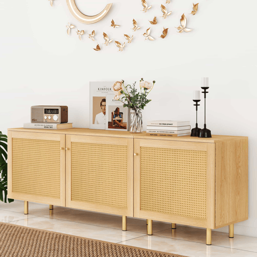 Aparador modular 63 x 180 x 40 cm - Armário de três portas, compartimento para talheres, estilo rústico - Natural