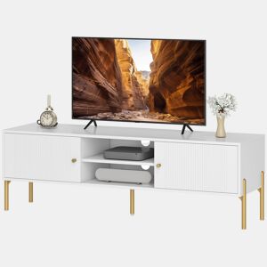 Móvel de TV moderno com 2 portas, 2 prateleiras abertas e orifícios para gerenciamento de cabos para TVs de 65 polegadas, 140 x 38 x 45,9 cm, branco.