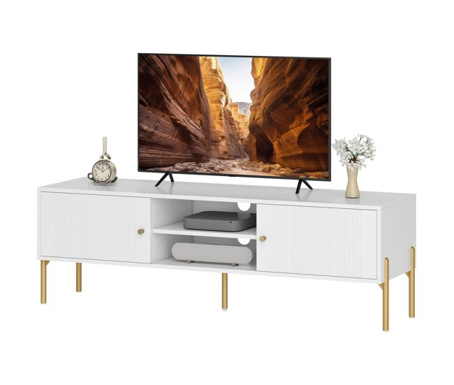 Mueble de tv moderno con 2 puertas 2 estantes abiertos orificios pasacables para tv 65 pulgadas 140x38x45,9 cm blanco