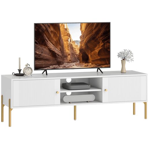 Móvel de TV moderno com 2 portas, 2 prateleiras abertas e orifícios para gerenciamento de cabos para TVs de 65 polegadas, 140 x 38 x 45,9 cm, branco. Móvel de TV moderno com 2 portas, 2 prateleiras abertas e orifícios para gerenciamento de cabos para TVs de 65 polegadas, 140 x 38 x 45,9 cm, branco.