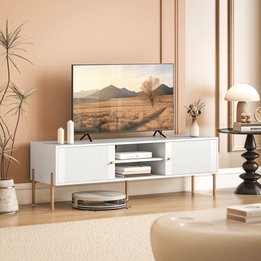 Móvel de TV moderno com 2 portas, 2 prateleiras abertas e orifícios para gerenciamento de cabos para TVs de 65 polegadas, 140 x 38 x 45,9 cm, branco. Móvel de TV moderno com 2 portas, 2 prateleiras abertas e orifícios para gerenciamento de cabos para TVs de 65 polegadas, 140 x 38 x 45,9 cm, branco.