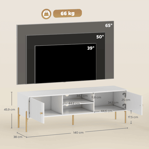 Móvel de TV moderno com 2 portas, 2 prateleiras abertas e orifícios para gerenciamento de cabos para TVs de 65 polegadas, 140 x 38 x 45,9 cm, branco. Móvel de TV moderno com 2 portas, 2 prateleiras abertas e orifícios para gerenciamento de cabos para TVs de 65 polegadas, 140 x 38 x 45,9 cm, branco.