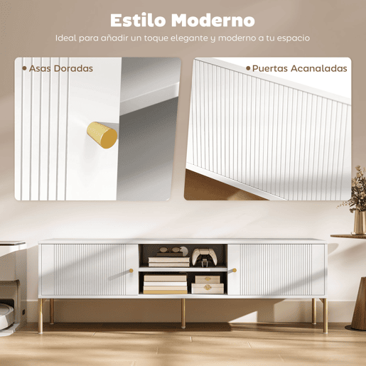 Móvel de TV moderno com 2 portas, 2 prateleiras abertas e orifícios para gerenciamento de cabos para TVs de 65 polegadas, 140 x 38 x 45,9 cm, branco. Móvel de TV moderno com 2 portas, 2 prateleiras abertas e orifícios para gerenciamento de cabos para TVs de 65 polegadas, 140 x 38 x 45,9 cm, branco.