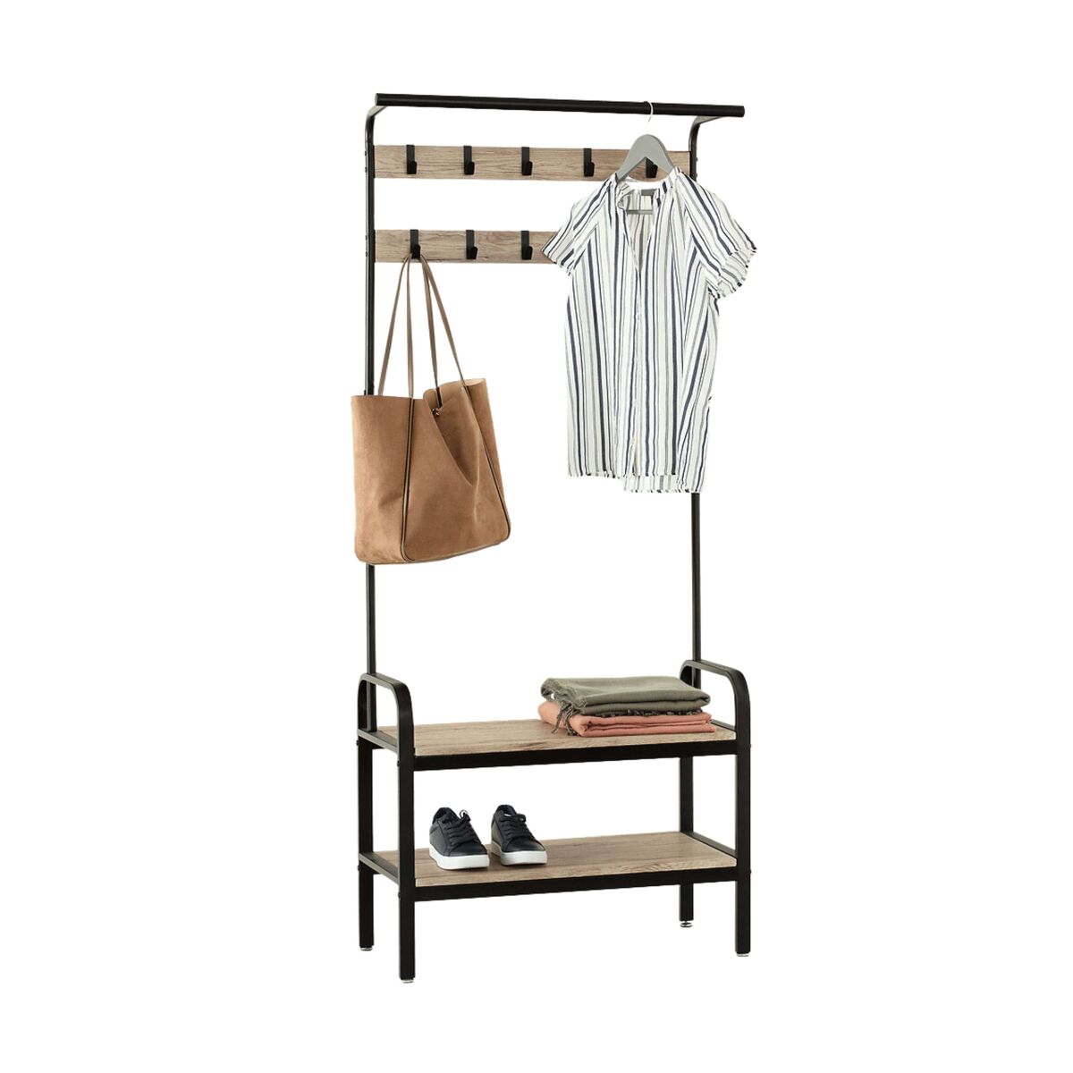 Mueble recibidor perchero jano color negro y roble claro 170x74x34 cm