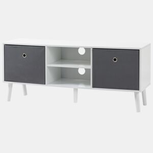 Suporte para TV para televisores de até 50 polegadas com 2 gavetas de tecido e prateleiras abertas, 110x29x46,5 cm, branco e cinza.