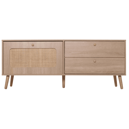 Suporte para TV com duas gavetas e uma porta 56 x 140 x 41 cm rattan e MDF com efeito carvalho 04_0007864