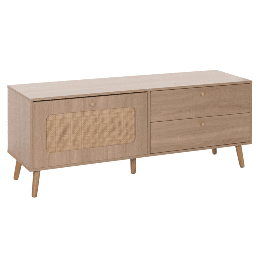 Suporte para TV com duas gavetas e uma porta 56 x 140 x 41 cm rattan e MDF com efeito carvalho 04_0007864