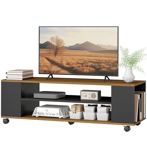 Suporte de TV com rodízios, para parede ou chão, com 4 prateleiras para TVs de 55 polegadas, 120x40x38,5 cm, nogueira e preto.