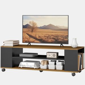 Suporte de TV com rodízios, para parede ou chão, com 4 prateleiras para TVs de 55 polegadas, 120x40x38,5 cm, nogueira e preto.