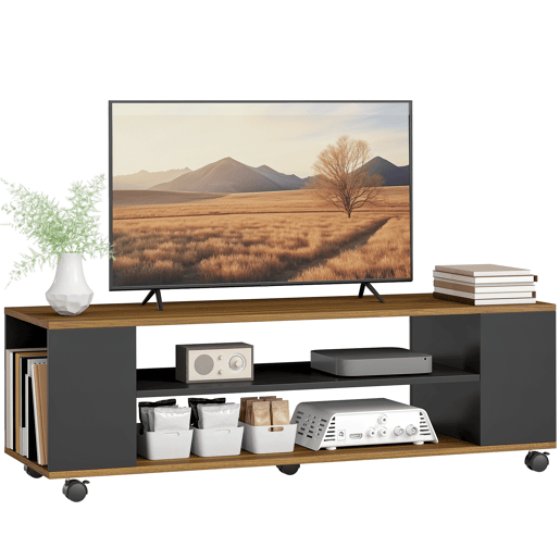 Suporte de TV com rodízios, para parede ou chão, com 4 prateleiras para TVs de 55 polegadas, 120x40x38,5 cm, nogueira e preto.