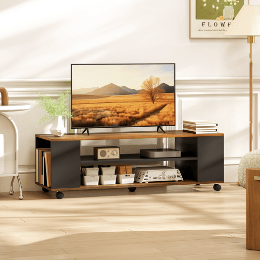 Suporte de TV com rodízios, para parede ou chão, com 4 prateleiras para TVs de 55 polegadas, 120x40x38,5 cm, nogueira e preto.