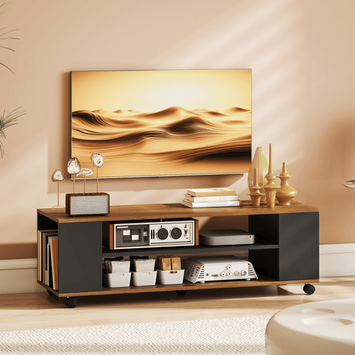 Suporte de TV com rodízios, para parede ou chão, com 4 prateleiras para TVs de 55 polegadas, 120x40x38,5 cm, nogueira e preto.