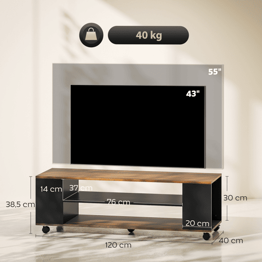 Suporte de TV com rodízios, para parede ou chão, com 4 prateleiras para TVs de 55 polegadas, 120x40x38,5 cm, nogueira e preto.