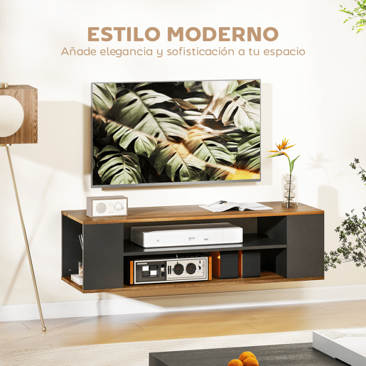Suporte de TV com rodízios, para parede ou chão, com 4 prateleiras para TVs de 55 polegadas, 120x40x38,5 cm, nogueira e preto.
