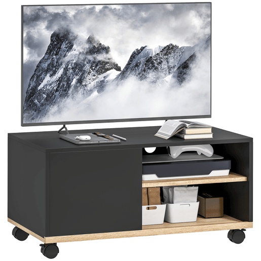Suporte para TV com Rodízios, Móvel para Sala de Estar, Mesa para TVs de 42 Polegadas com Porta e 2 Prateleiras, 80x45x41 cm, Preto Suporte para TV com Rodízios, Móvel para Sala de Estar, Mesa para TVs de 42 Polegadas com Porta e 2 Prateleiras, 80x45x41 cm, Preto
