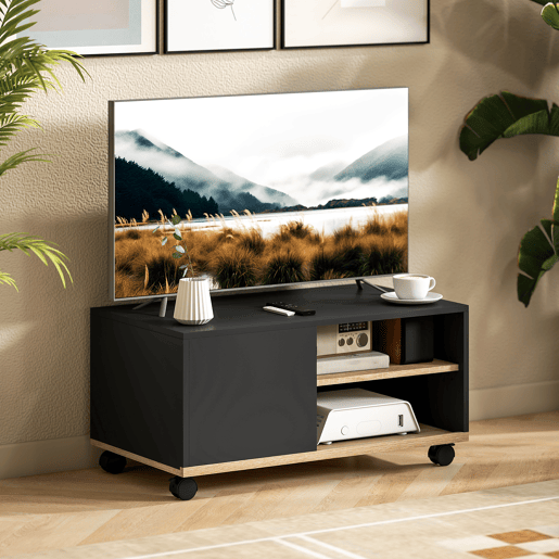 Suporte para TV com Rodízios, Móvel para Sala de Estar, Mesa para TVs de 42 Polegadas com Porta e 2 Prateleiras, 80x45x41 cm, Preto Suporte para TV com Rodízios, Móvel para Sala de Estar, Mesa para TVs de 42 Polegadas com Porta e 2 Prateleiras, 80x45x41 cm, Preto