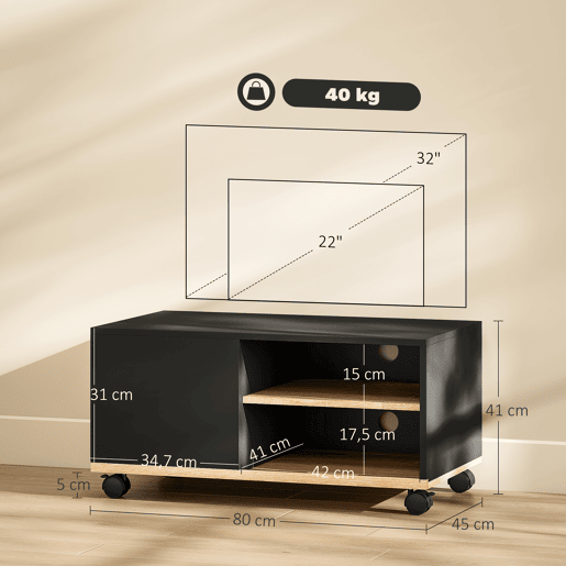 Suporte para TV com Rodízios, Móvel para Sala de Estar, Mesa para TVs de 42 Polegadas com Porta e 2 Prateleiras, 80x45x41 cm, Preto Suporte para TV com Rodízios, Móvel para Sala de Estar, Mesa para TVs de 42 Polegadas com Porta e 2 Prateleiras, 80x45x41 cm, Preto