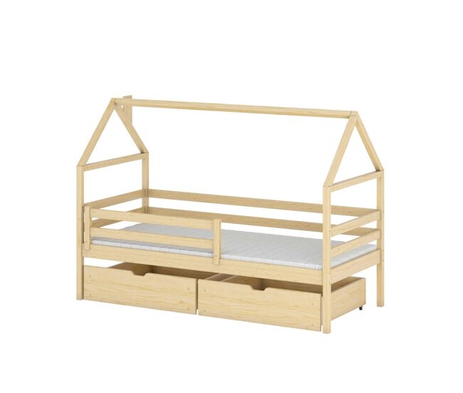 Cama infantil casita con cajones y barandilla mississippi - natural - 90 x 190