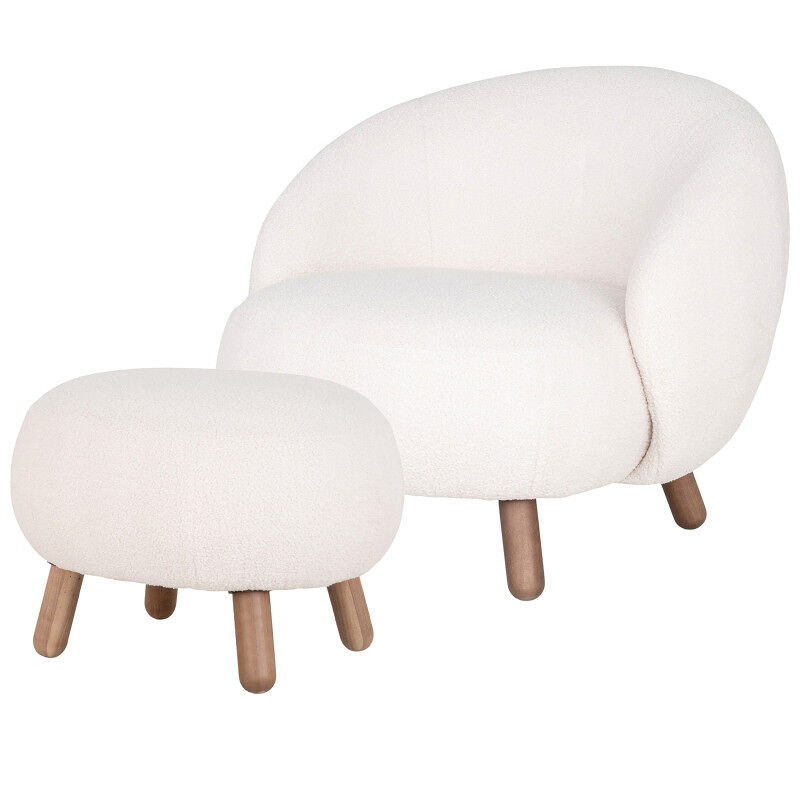 Sillón y reposapiés en tela bouclé color crudo y madera