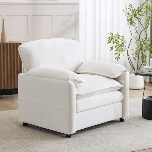 Sofá relax de 1 lugar - Estilo retro com bolsos laterais para arrumação, design compacto - Branco