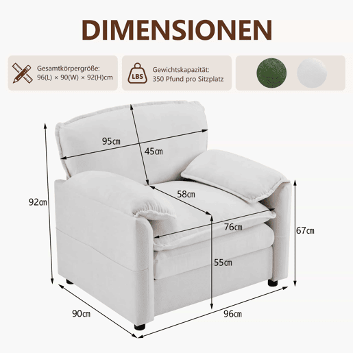 Sofá relax de 1 lugar - Estilo retro com bolsos laterais para arrumação, design compacto - Branco
