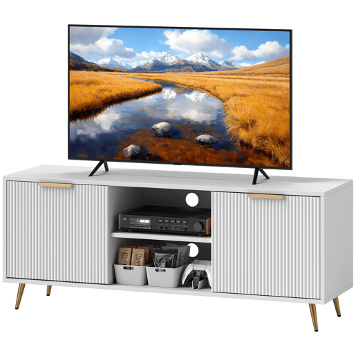 Suporte para TV com 2 compartimentos abertos e 2 portas, adequado para televisores de 55 polegadas, 120x35x48 cm, branco