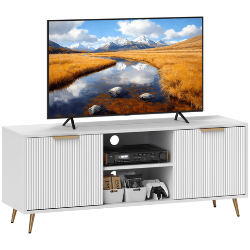 Suporte para TV com 2 compartimentos abertos e 2 portas, adequado para televisores de 55 polegadas, 120x35x48 cm, branco
