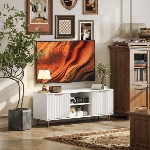 Suporte para TV com 2 compartimentos abertos e 2 portas, adequado para televisores de 55 polegadas, 120x35x48 cm, branco