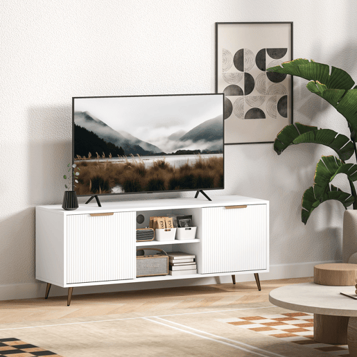 Suporte para TV com 2 compartimentos abertos e 2 portas, adequado para televisores de 55 polegadas, 120x35x48 cm, branco