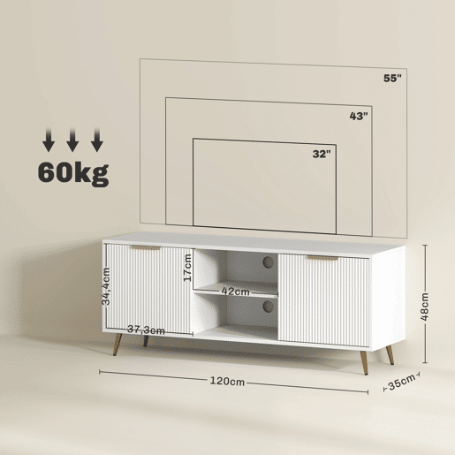 Suporte para TV com 2 compartimentos abertos e 2 portas, adequado para televisores de 55 polegadas, 120x35x48 cm, branco