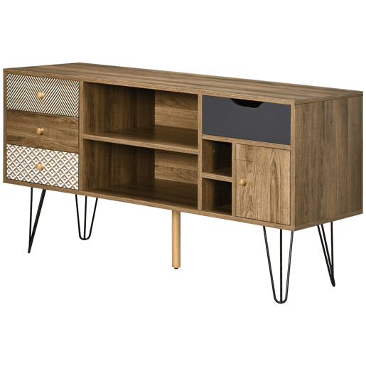 Rack para TV estilo boho com prateleiras, 4 gavetas e pés de metal, mesa para TVs de até 50 polegadas, 120x39x64 cm, marrom Rack para TV estilo boho com prateleiras, 4 gavetas e pés de metal, mesa para TVs de até 50 polegadas, 120x39x64 cm, marrom