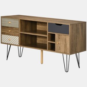 Rack para TV estilo boho com prateleiras, 4 gavetas e pés de metal, mesa para TVs de até 50 polegadas, 120x39x64 cm, marrom